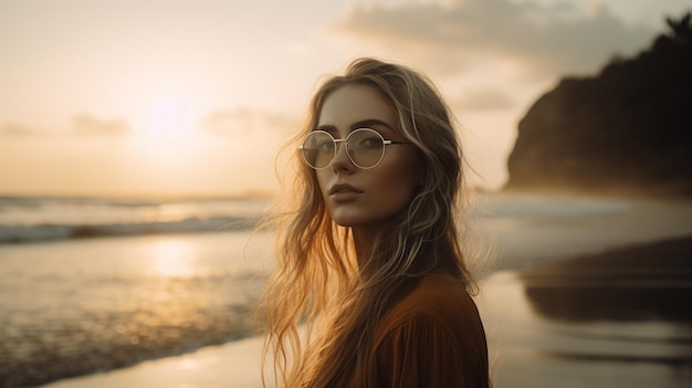 Giovane bella donna che indossa occhiali da sole alla moda sulla spiaggia IA generativa