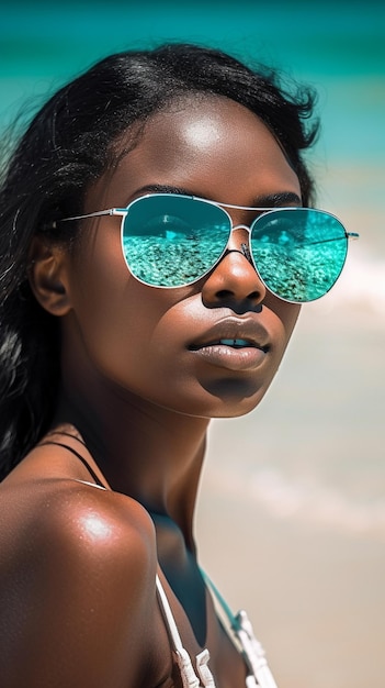 Giovane bella donna che indossa occhiali da sole alla moda sulla spiaggia IA generativa