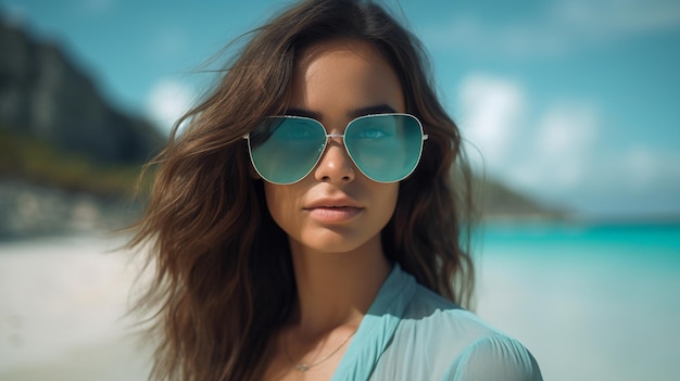 Giovane bella donna che indossa occhiali da sole alla moda sulla spiaggia IA generativa