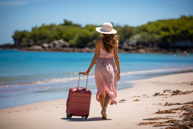 Giovane bella donna che porta un bagaglio che cammina sulla spiaggia tropicale