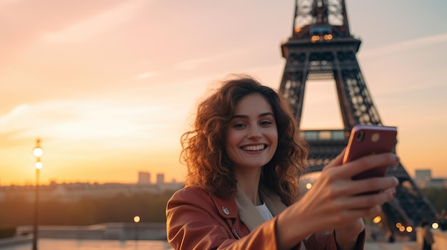 Giovane bella donna che si fa un selfie davanti alla Torre Eiffel