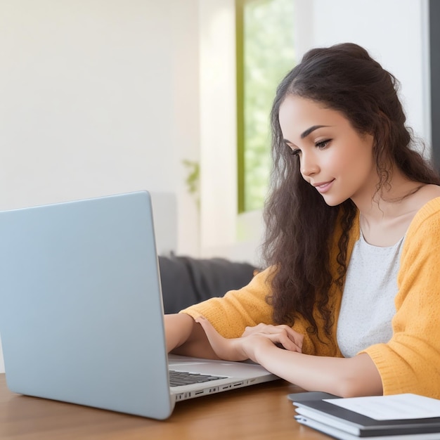 Giovane bella donna che sorride felice e lavora utilizzando il computer portatile ai generato