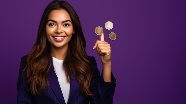 giovane bella donna che tiene una moneta d'oro su sfondo viola isolato felice con un sorriso facendo il segno della domanda pollice in alto con le dita segno eccellente