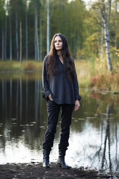 Giovane bella donna con lunghi capelli scuri in piedi sullo sfondo del lago della foresta d'autunno