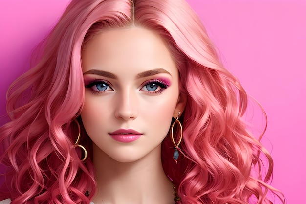 Giovane bella donna con trucco e capelli rosa Modello cosmetico AI Generativo