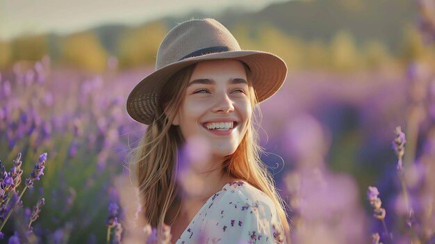 Giovane bella donna con un cappello di paglia che si gode il tramonto in un campo di lavanda