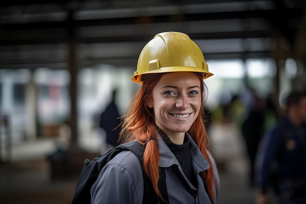 Giovane bella donna dai capelli rossi all'aperto con un berretto da lavoratrice