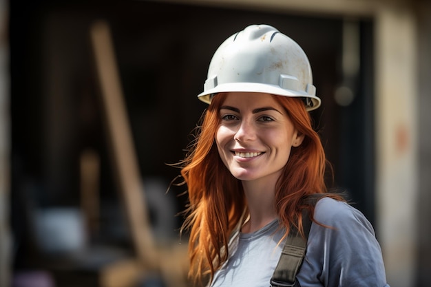 Giovane bella donna dai capelli rossi all'aperto con un berretto da lavoratrice