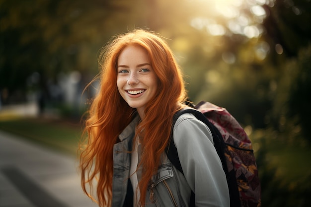 Giovane bella donna dai capelli rossi all'aperto con uno zaino da studente