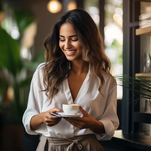 Giovane bella donna elegante con una tazza di caffè seduta in un ristorante