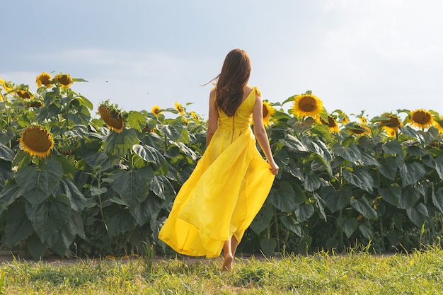 Giovane bella donna in abito giallo tra il campo di girasoli in estate. Bereza, Bielorussia.