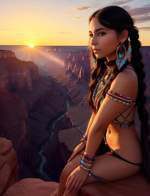 Giovane bella donna nativa americana in costume tradizionale