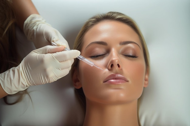 Giovane bella donna riceve un'iniezione di botox per il lifting facciale Medicina estetica Procedura di cosmetologia in una clinica di bellezza
