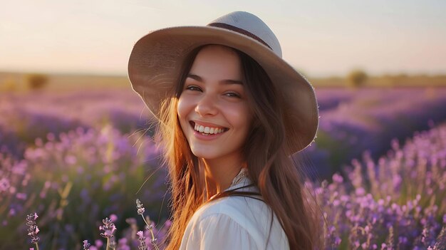 Giovane bella donna sorridente in piedi in un campo di lavanda indossa un vestito bianco e un cappello il sole sta tramontando e la lavanda è in fiore