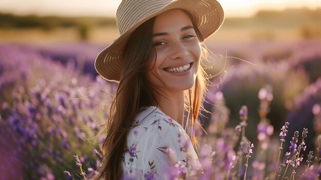 Giovane bella donna sorridente in piedi in un campo di lavanda indossando un cappello d'estate