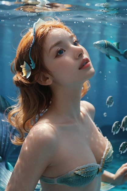 Giovane bella donna subacquea che gioca il fondo della carta da parati di apnea della sirena