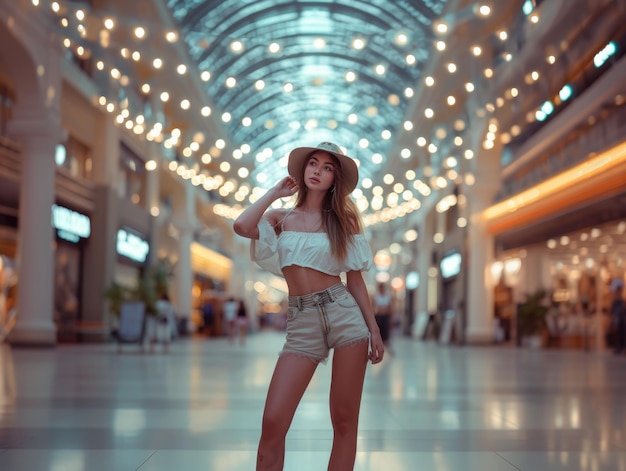 Giovane bella donna sullo sfondo del centro commerciale AI generativo