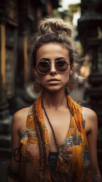 Giovane bella donna vestita con occhiali da sole eleganti e alla moda IA generativa
