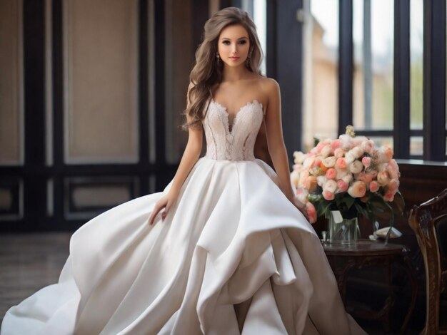 Giovane, bella e elegante donna in abito da sposa.