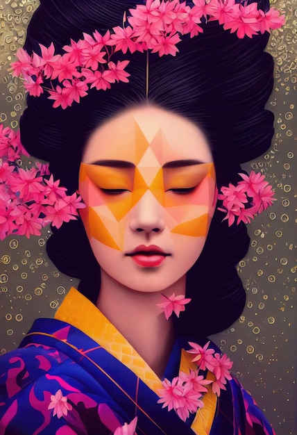 Giovane bella geisha in kimono e circondata da sakura Ritratto di una bella geisha