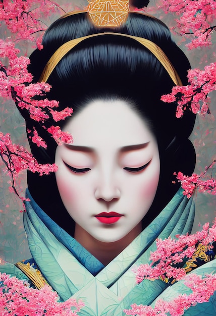 Giovane bella geisha in kimono e circondata da sakura Ritratto di una bella geisha
