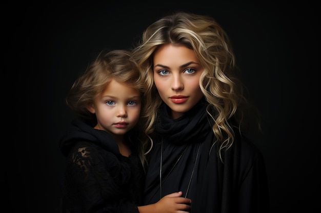 Giovane bella madre con sua figlia su sfondo nero Generazione AI