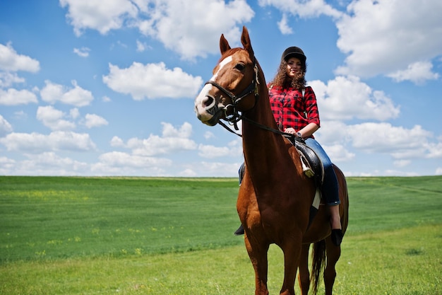 Giovane bella ragazza a cavallo su un campo in una giornata di sole