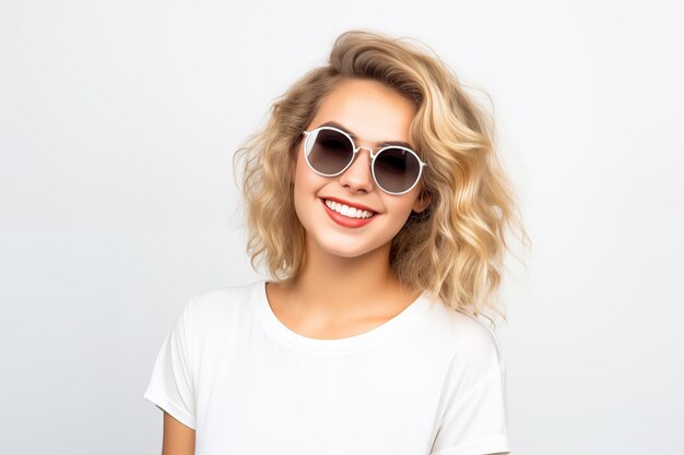 Giovane bella ragazza bionda su uno sfondo bianco isolato con occhiali da sole
