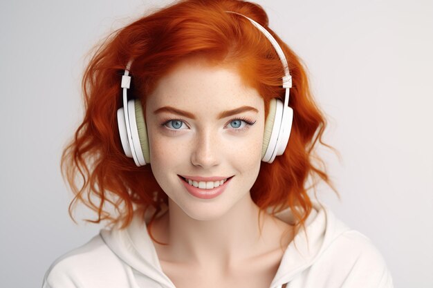 Giovane bella ragazza dai capelli rossi su uno sfondo bianco isolato ascoltando musica con le cuffie