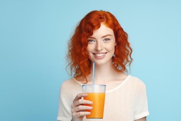 Giovane bella ragazza dai capelli rossi su uno sfondo colorato con in mano un succo d'arancia