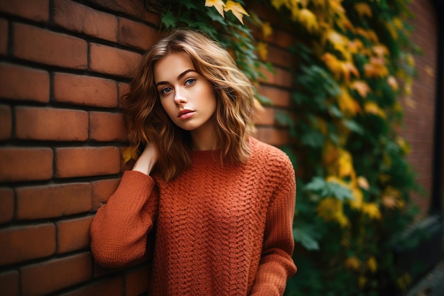 Giovane bella ragazza in maglione caldo sopra il muro con sfondo di foglie autunnali
