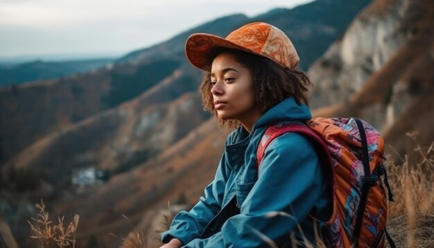 Giovane bella ragazza pensierosa in montagna