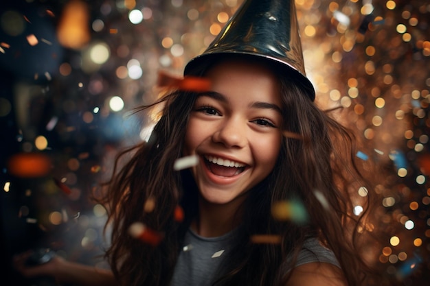 Giovane bella ragazza sorridente con un cappello da festa e tenendo un confetti con AI generativa