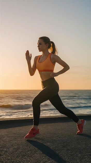 Giovane bella ragazza sportiva che si allena all'alba sul mare