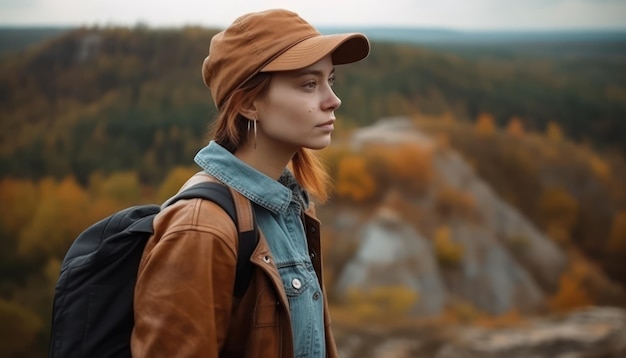 Giovane bella ragazza viaggiatore in montagna Concetto di viaggio e stile di vita attivo