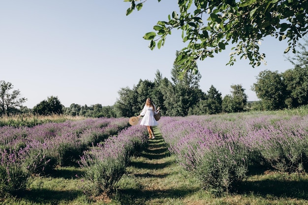 giovane bella signora nel campo di lavanda