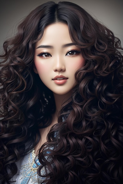 Giovane bellezza asiatica con i capelli lunghi ricci con trucco in stile coreano generativo ai