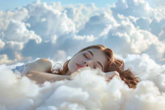 Giovane bellissima donna che dorme su una nuvola in alto nel cielo
