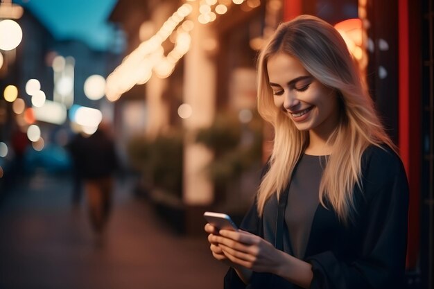 Giovane bellissima donna che usa lo smartphone in una città studentessa sorridente che manda messaggi sul cellulare outdo