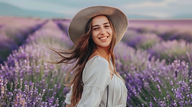 Giovane bellissima donna con lunghi capelli castani che indossa un cappello in piedi in un campo di lavanda Sta sorridendo e guardando la telecamera