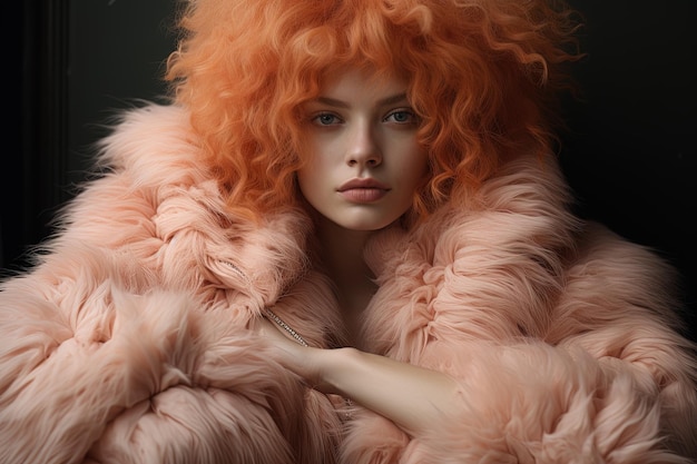 Giovane bellissima donna ginger curly adorabile modello in un cappotto di pelliccia rosa chiaro su uno sfondo scuro