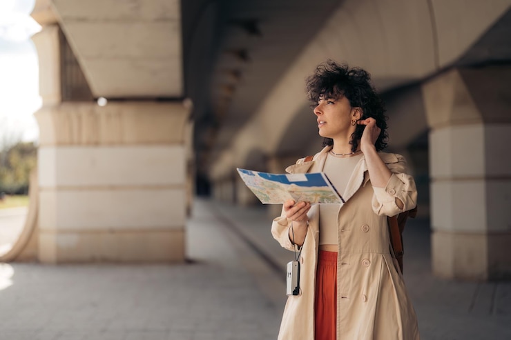 Foto giovane bellissima donna nostalgica con i capelli ricci vestita con abiti dai colori della terra in piedi all'aperto con una guida alla mappa della città e una fotocamera alla ricerca della direzione giusta guardando lontano nei pensieri
