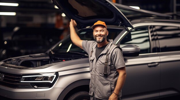 Giovane bellissimo maschio con il berretto in piedi vicino all'auto e guardando la telecamera al lavoro negozio aperto cappuccio dell'auto AI generativa