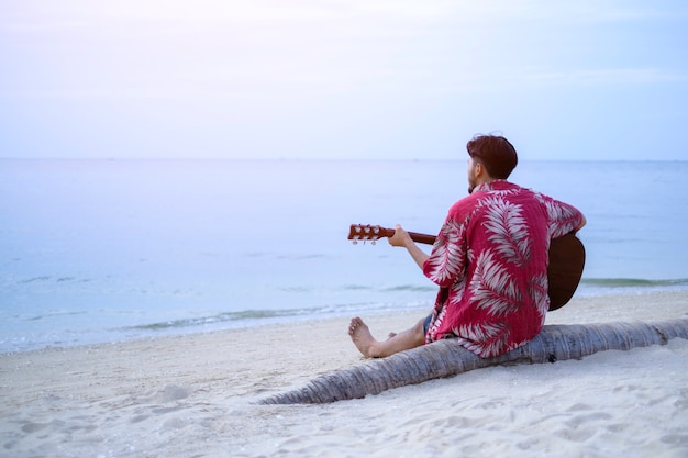 Giovane bello che gioca chitarra sulla spiaggia