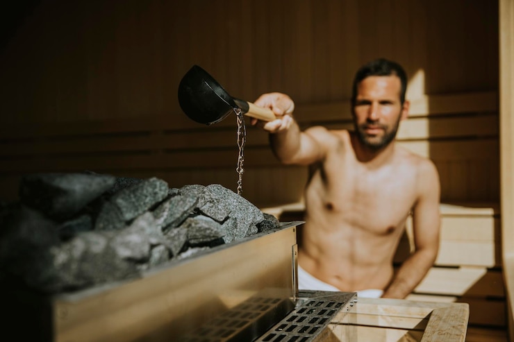 Foto giovane bello che versa acqua sulla pietra calda nella sauna