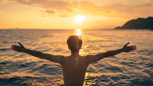 Giovane braccio allungato dal mare all'alba godendo la libertà e la vita persone t Generativa AI