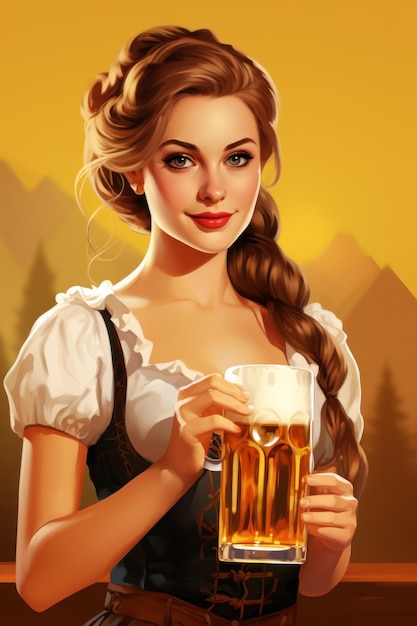 giovane cameriera in stile tradizionale dell'Oktoberfest con birra illustrazione vettoriale