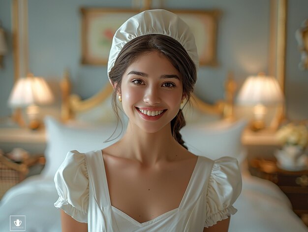 Giovane cameriera sorridente che posa in una stanza d'albergo