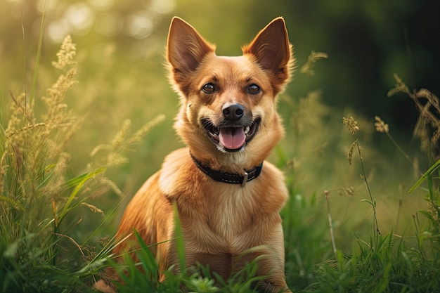 Giovane cane vivace fuori su uno sfondo di erba estiva lussureggiante