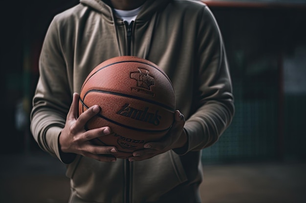 Giovane che fa un tiro trucco in movimento Un primo piano candido di una partita di basket